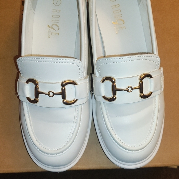 White Loafers with Gold Buckle Detail - Picture 2 of 3